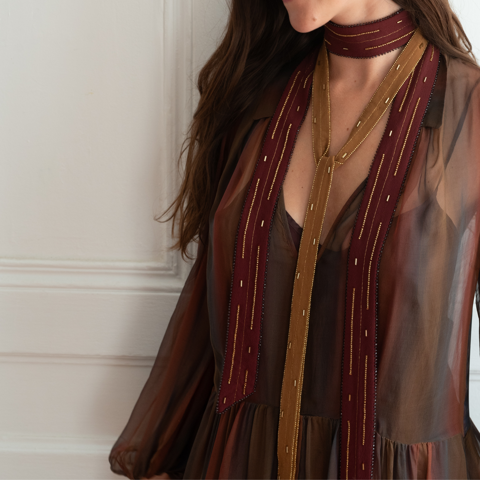 Sautoir Maxi Grenat – Bijou-textile en soie